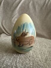 Vintage Hand Painted Egg Shaped Wooden Trinket Box Rabbit art 4 bunnies inside picture