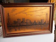 Vintage 1970s CopperArt Copper Etching Chicago City Buildings Skyline Wood Frame picture