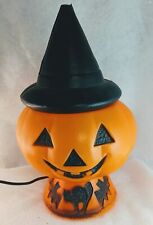 Vintage Halloween Blow Mold Orange Light-up Jack-o-Lantern W/ Black Witch Hat  picture