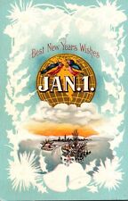 c1915 Beautiful White & Blue Embossed JAN 1 New Year Globe Snowy Scenic Village picture