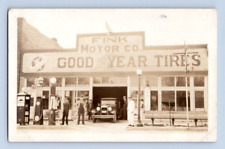 RPPC 1929, FINK MOTOR CO. GOODYEAR TIRES. VISIBLE GAS PUMPS. POSTCARD ST1 picture