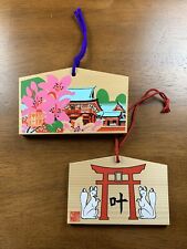 2 Japanese Wood Prayer Board EMA Lucky Plaque : Fox Shrine / Temple + Flowers picture
