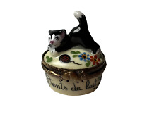 GR Limoges Peint Main Porcelain Limoges Black & White Cat Trinket Box picture
