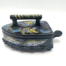 Vintage Hand Painted Ceramic Antique Iron Trinket Box Black With Floral Pattern picture