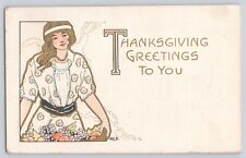 Postcard Thanksgiving Greetings Art Nouveau Artist Signed MEB Woman With Fruit picture
