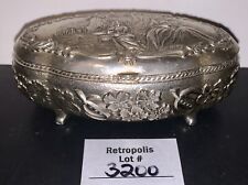 Trinket Jewelry Box Ornate Oval Silver Tone Red Lined Japan Oval Vintage picture
