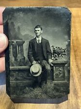 Antique Tintype Photograph Handsome  Man  Straw Hat picture