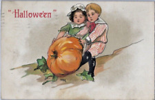 Vintage 1909 HALLOWEEN Postcard CHILDREN CARVE JACK 'O-LANTERN A/S HBG picture