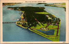 Vtg 1940s Aerial View Belle Isle Island Park Detroit Michigan MI Postcard picture