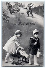 New Year Postcard Bonne Annee Elves Gnomes Champagne Snowfall 1916 Antique picture