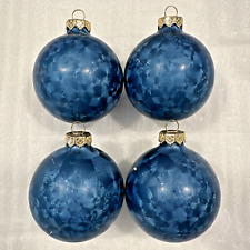 Set of 4 Vintage HD Blue Frosted Glass Christmas Ornaments Silver Crowns 2.5