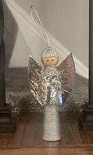 Vintage Silver Foiled Christmas Angel Ornament Wood Head Beautiful Sparkly VGC picture
