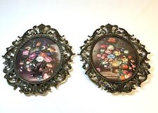 2 Vintage Italian Bubble Glass Floral Art Brass Frames Convex Ornate Made Italy picture