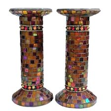 2 Partylite Global Fusion Stained Glass Mosaic Column Pillar Candle Holder 10” picture
