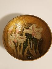 Vintage Iris Floral Enamel Brass Painted Finger Bowl Trinket Dish  picture