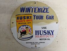  VINTAGE 1947 HUSKY GASOLINE MOTOR OILS PORCELAIN GAS PUMP METAL SIGN picture