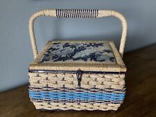 RARE Vintage Singer Large Woven Sewing Basket Blue Plush Embroidered Top Japan  picture
