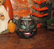 Halloween Black Cat Bucket Primitive Vtg Paper Mache Style Resin Jack-O-Lantern picture