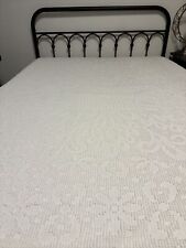 Vintage Chenille White Queen Size Cottage Core Bedspread w/ Fringe Shabby Chic picture