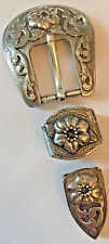 Used Old 3 Piece Western Silver Tone Ranger Belt Buckle Set for 3/4