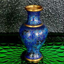 Vintage Chinese Cloisonne Cobalt Blue Floral Flowers Vase Brass Enamel 5