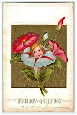 c1910's Birthday Greetings Girl Head In Flowers Wakarusa Indiana IN Postcard picture