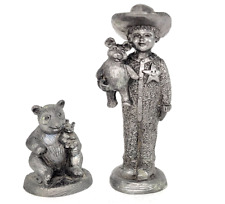 2 MICHAEL RICKER  PEWTER FIGURES Cowboy Child w Teddy Bear & Bear w/bear picture