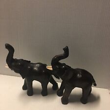 Two Elephant Leather Figurine Vintage 10”Lucky Trunk Up Sculpture Black/Brown picture