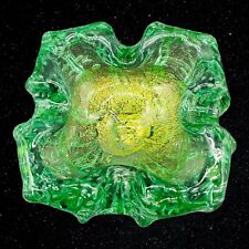 MURANO Art Glass Thick Square Green Gold Glitter Ashtray Bullicante 2”T 4.5”W picture