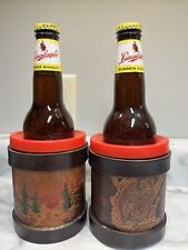 Vintage Hand Tooled Leather Koozies Northwoods Fishing Cabin Scenes - Set Of 2 picture