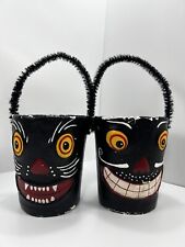 LOT 2 Vintage Halloween Decorative Paper Mache Candy Buckets Grinning Black Cats picture