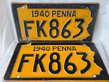 Vintage 1940 Pennsylvania FK863 License Plate Pair 05423 picture