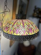 MCM Tiffany Style Stained Ornate Floral Metal Hanging Pendant Chain Light Lamp picture