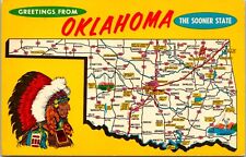 OK Greetings Sooner State Map Cities Native Americans Fishing Oil Postcard   picture