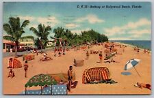 Hollywood Beach Florida Sun Bathing Oceanfront Linen Cancel WOB Postcard picture