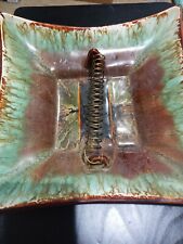 Vintage Brown and Green Glaze Ashtray With Copper Colored Coil; Mid Century picture