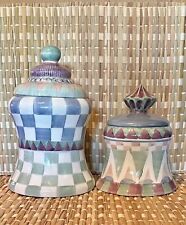 Vintage Collectible 2 large whimsical checkered colorful Ceramic Canisters picture