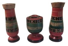 Vintage Mexican Salt Pepper Shakers Toothpick Holder Wood Hand Painted 1958 picture