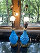 GORGEOUS PAIR Of Blue Opalescent Coin Dot Glass Lamps 23”H picture