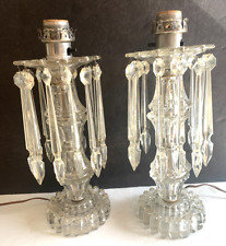 Vintage MCM Cut Glass Hollywood Regency Table Lamps Hanging Spear Prisms PAIR picture
