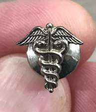 Vintage Silver Tone Caduceus Medical Small Lapel Hat Jacket Vest Backpack Pin picture