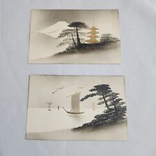Vintage Japanese Asian Gold Pagoda Boats Black Lacquer Trees Paper Postcards picture
