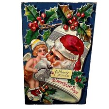 Antique Postcard Santa Claus with XMas  Angel  silver trim Sweetheart Days picture