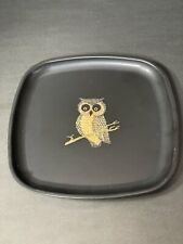 Vintage Couroc of Monterey Owl Plate Square Black Inlaid Wood Brass 8.5 In picture