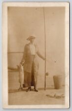 RPPC Edwardian Older Woman Fishing Large Catch and Pole Studio Prop Postcard F29 picture