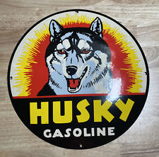 HUSKY GASOLINE PORCELAIN SIGN K-9 GAS STATION CONVEX PUMP PLATE OIL DOG 12” DIA. picture