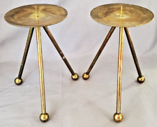 2 Atomic Style Brass Tripod Pillar Candle Holders MCM Retro picture