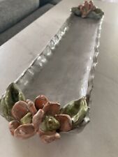 Large Ceramic Serving Tray Gray With Pink Flowers Detail Handmade 21'' x 5'' picture