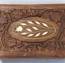 Vintage Carved Wooden Trinket/Jewelry Box Hinged Inlaid White Flowers India picture
