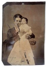 1874 antique MOTHER & BABY ELLEN TINTYPE PHOTOGRAPH christening gown VICTORIAN picture